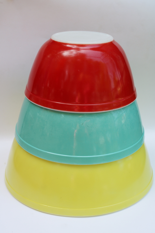photo of vintage Pyrex primary yellow aqua red mixing bowls 404 403 402 MCM frankenstack retro colors!  #5